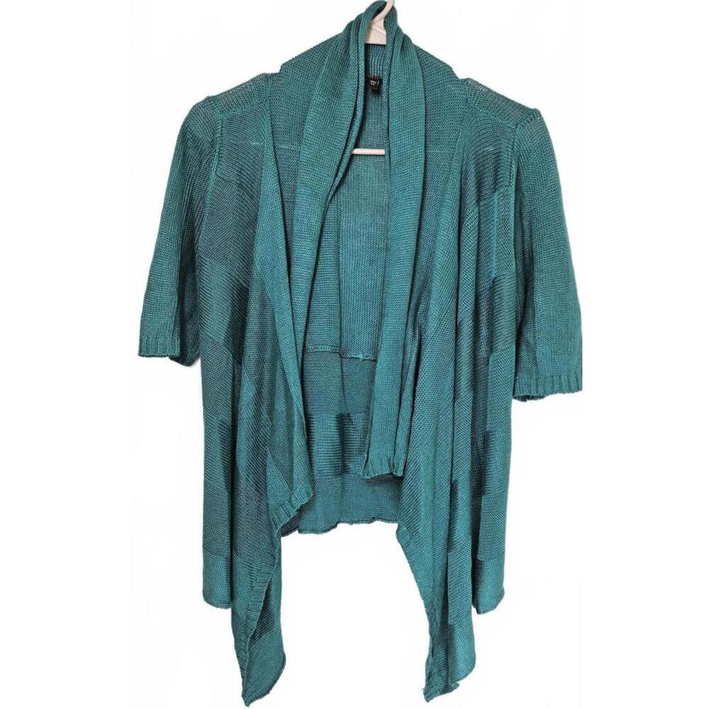 Eileen Fisher Petite Teal Open Front‎ Linen & Silk Draped Cardigan Sweater PS